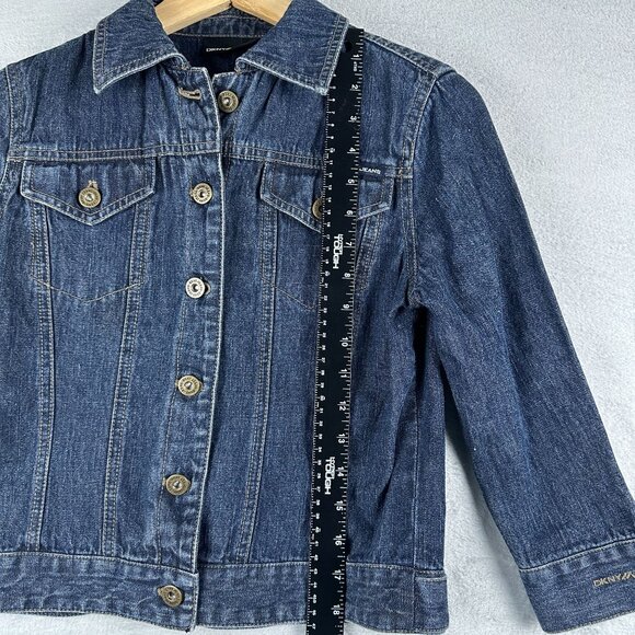 DKNY Cropped Jean Jacket Medium Wash Womens Size X Small Button Front Blue - Picture 6 of 11